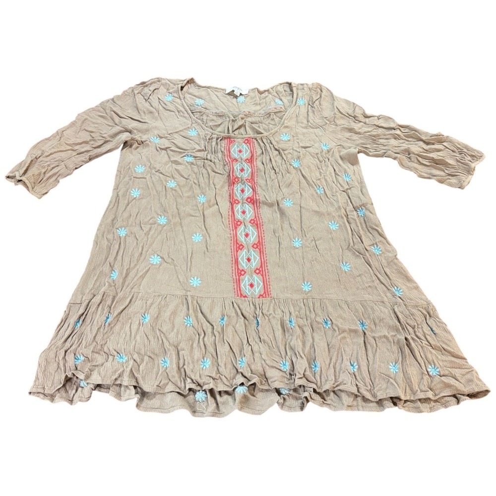 UMGEE Womens S Taupe Embroidered Boho Peasant Tunic Blouse 3 4 Sleeve Ruffle